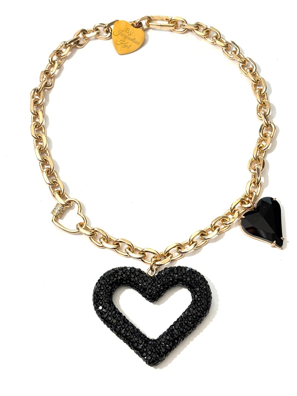 Jacqueline Kent 3-in-1 Black Faux Diamond Heart Charm Necklace Gold Tone